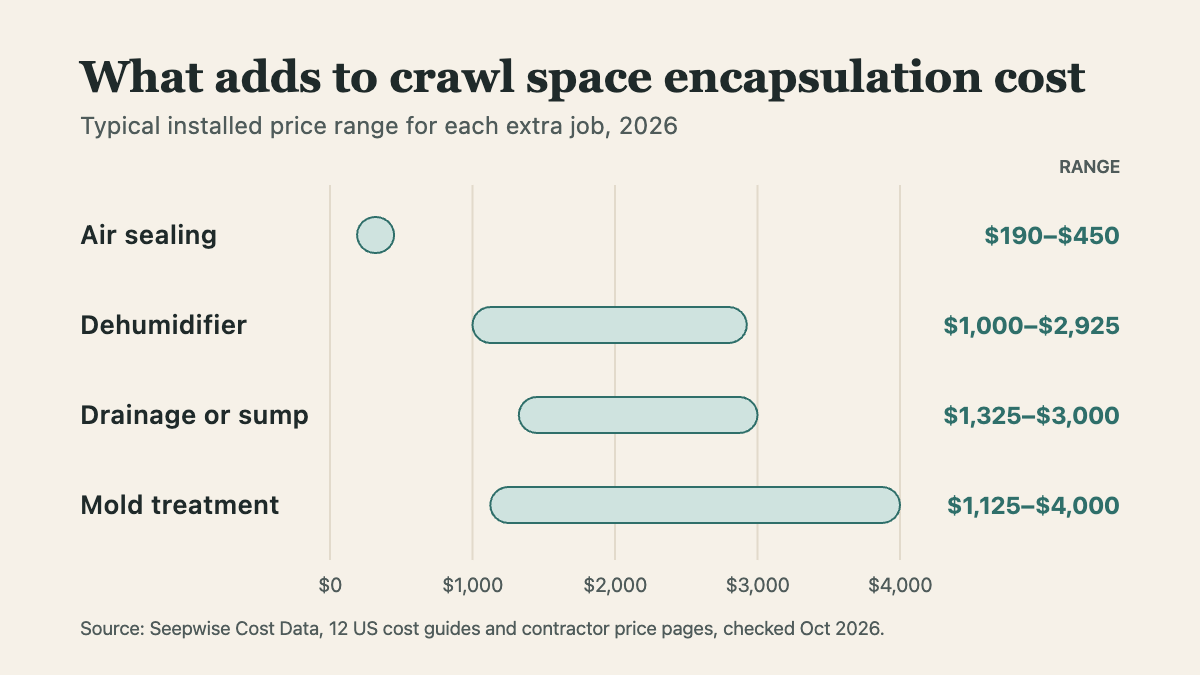 Crawl space encapsulation cost add-ons: air sealing $190–$450, dehumidifier $1,000–$2,925, drainage $1,325–$3,000, mold treatment $1,125–$4,000